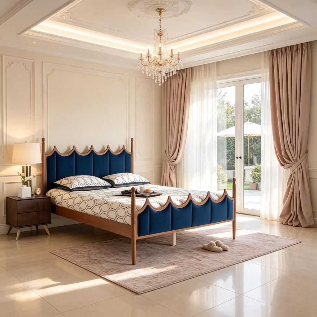 Lit plateforme en velours et bois bleu roi/noyer brun
