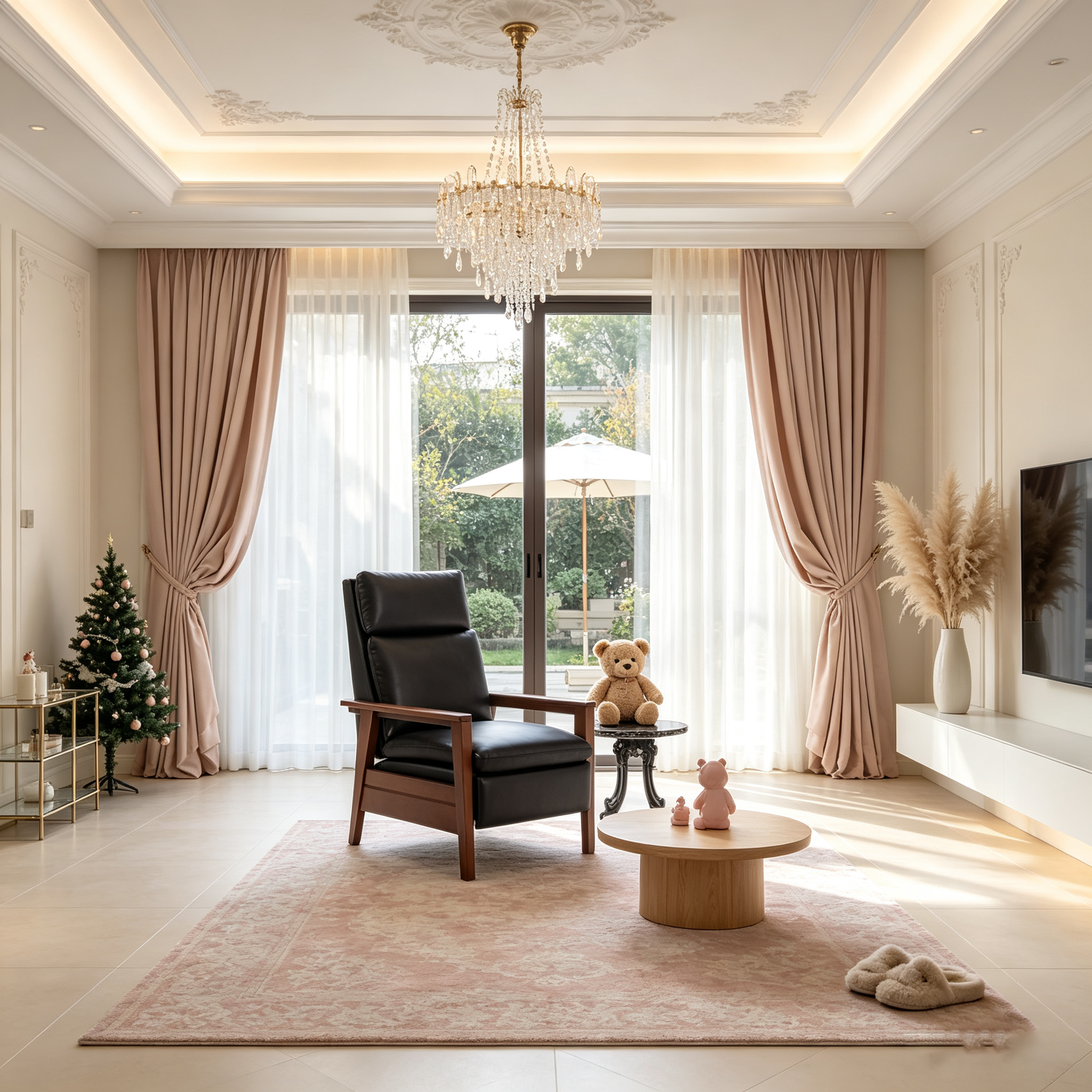 Fauteuil inclinable en bois massif et cuir végétalien, style milieu de siècle