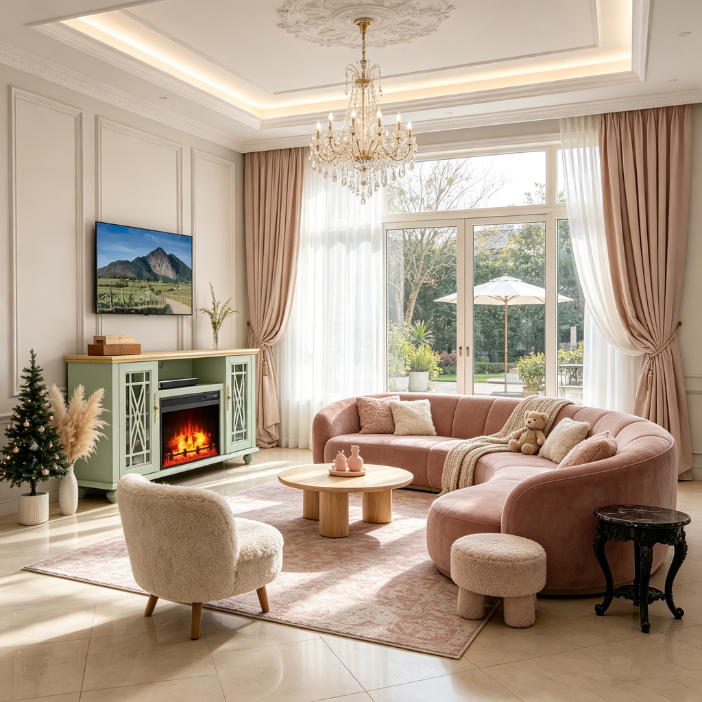 Meuble TV avec cheminée verte