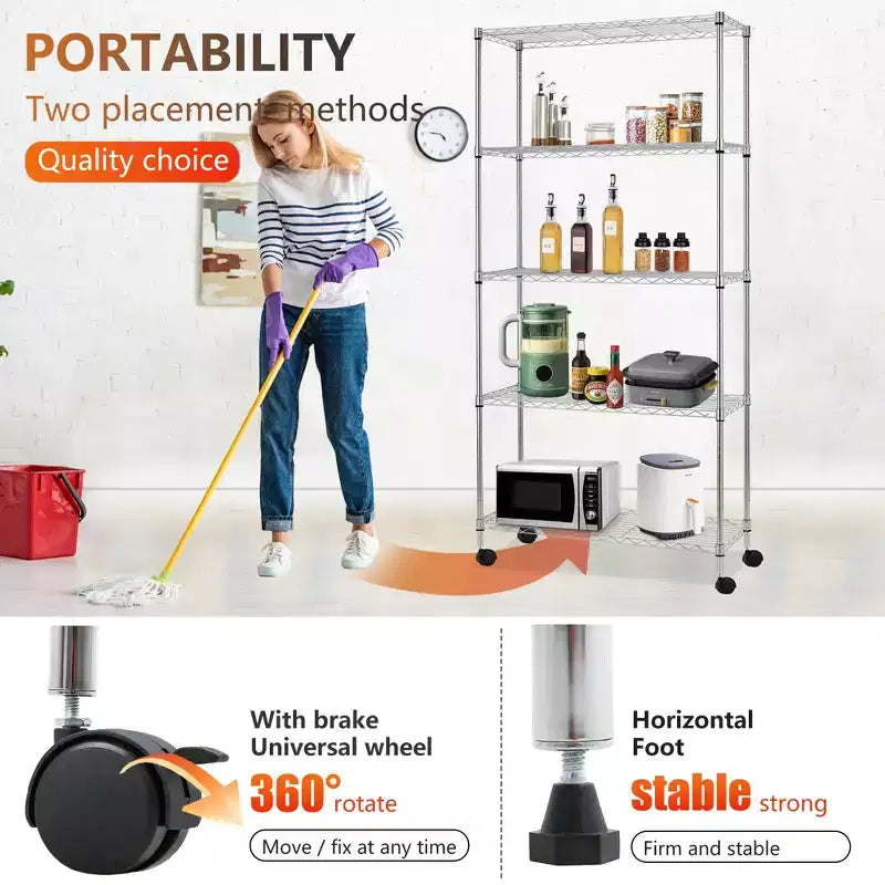 FDW5TierWireShelvingUnitHeavyDutyStorageShelvesMetalShelvingWithDetachableCasters