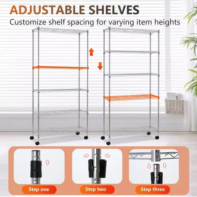 FDW5TierWireShelvingUnitHeavyDutyStorageShelvesMetalShelvingWithDetachableCasters