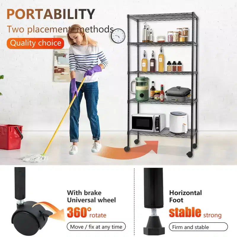FDW5TierWireShelvingUnitHeavyDutyStorageShelvesMetalShelvingWithDetachableCasters