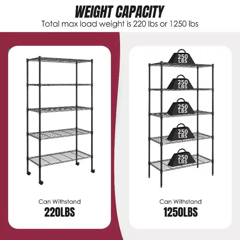 FDW5TierWireShelvingUnitHeavyDutyStorageShelvesMetalShelvingWithDetachableCasters