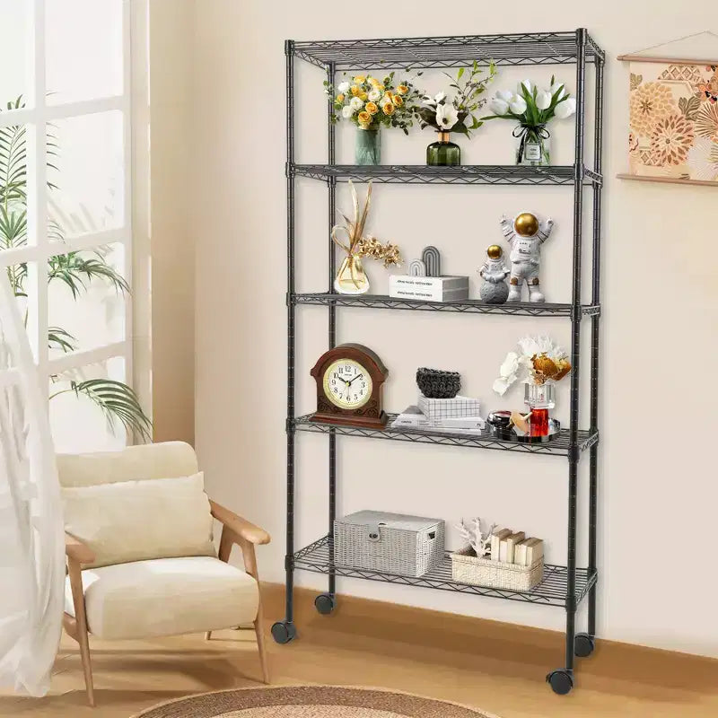 FDW5TierWireShelvingUnitHeavyDutyStorageShelvesMetalShelvingWithDetachableCasters