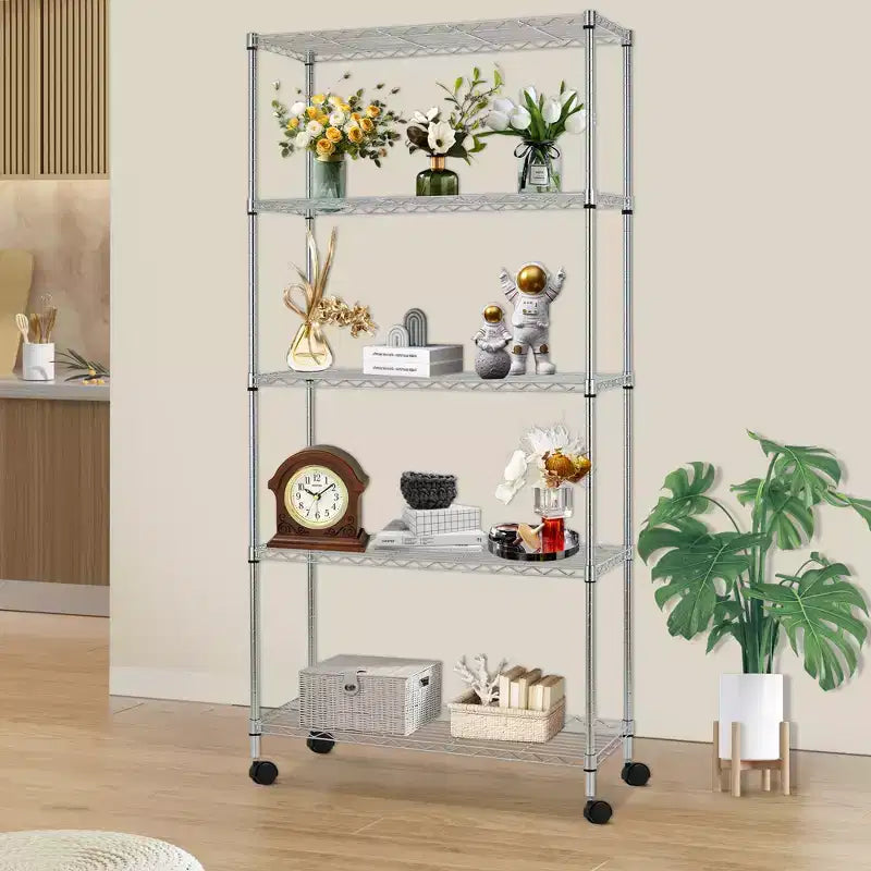 FDW5TierWireShelvingUnitHeavyDutyStorageShelvesMetalShelvingWithDetachableCasters