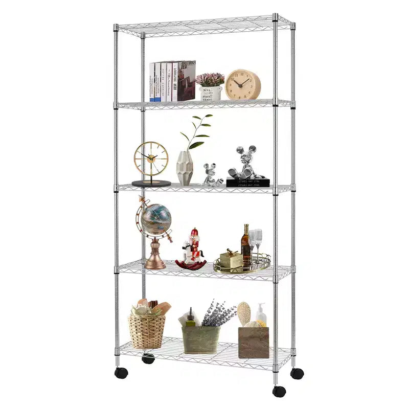 FDW5TierWireShelvingUnitHeavyDutyStorageShelvesMetalShelvingWithDetachableCasters