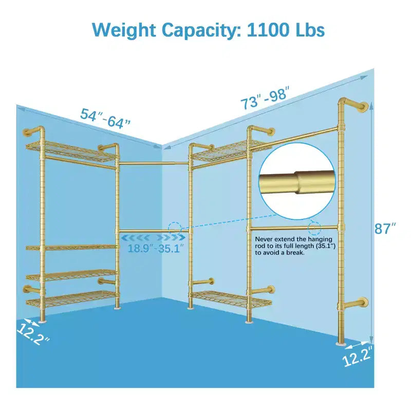 Timate L4 L Shape Garment Rack Clothes Rack , Expandable Industrial Pipe Clothing Rack, Wall Mounted Closet Organizer Large Wardrobe Closet