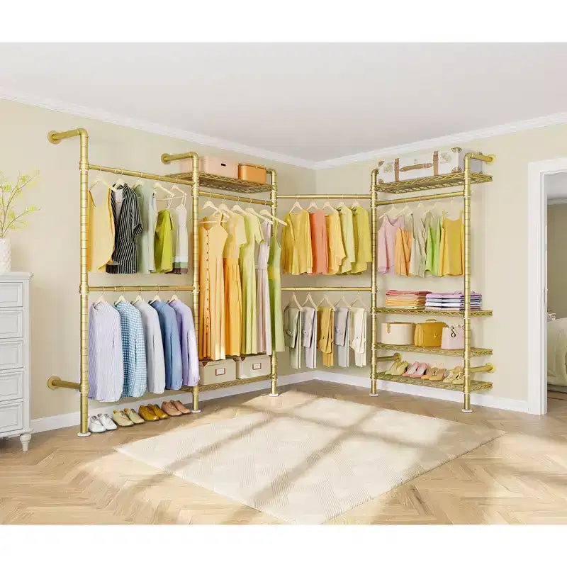 Timate L4 L Shape Garment Rack Clothes Rack , Expandable Industrial Pipe Clothing Rack, Wall Mounted Closet Organizer Large Wardrobe Closet