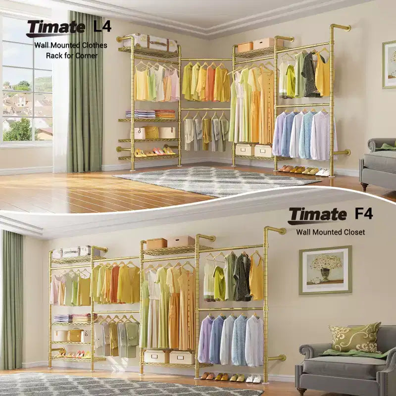 Timate L4 L Shape Garment Rack Clothes Rack , Expandable Industrial Pipe Clothing Rack, Wall Mounted Closet Organizer Large Wardrobe Closet