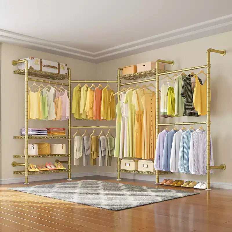 Timate L4 L Shape Garment Rack Clothes Rack , Expandable Industrial Pipe Clothing Rack, Wall Mounted Closet Organizer Large Wardrobe Closet