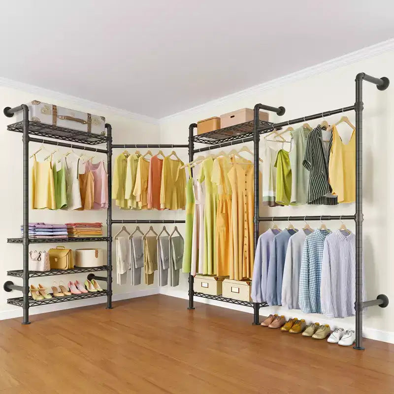 Timate L4 L Shape Garment Rack Clothes Rack , Expandable Industrial Pipe Clothing Rack, Wall Mounted Closet Organizer Large Wardrobe Closet
