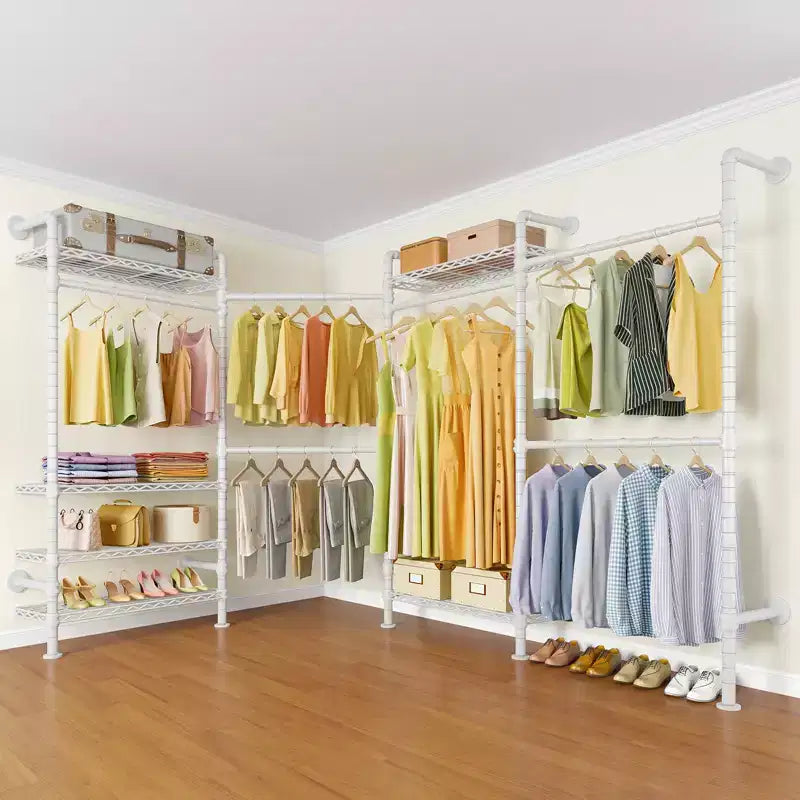Timate L4 L Shape Garment Rack Clothes Rack , Expandable Industrial Pipe Clothing Rack, Wall Mounted Closet Organizer Large Wardrobe Closet