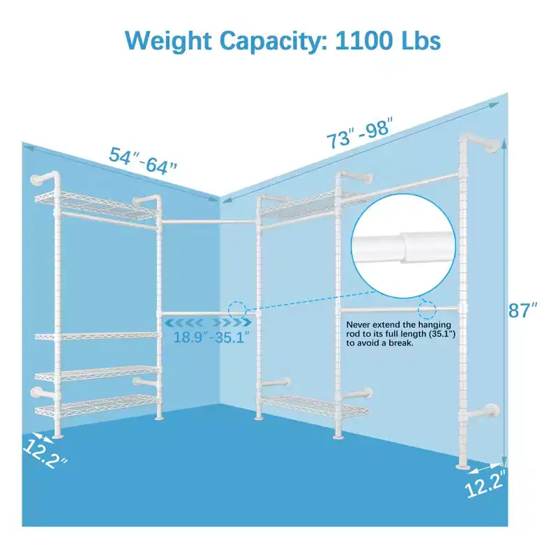 Timate L4 L Shape Garment Rack Clothes Rack , Expandable Industrial Pipe Clothing Rack, Wall Mounted Closet Organizer Large Wardrobe Closet