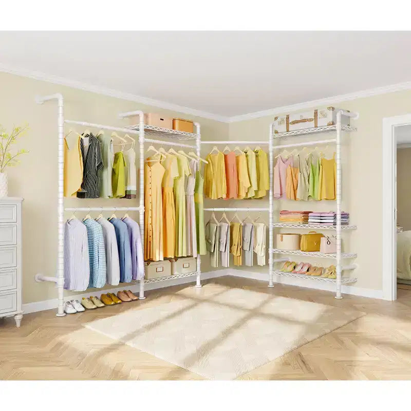 Timate L4 L Shape Garment Rack Clothes Rack , Expandable Industrial Pipe Clothing Rack, Wall Mounted Closet Organizer Large Wardrobe Closet