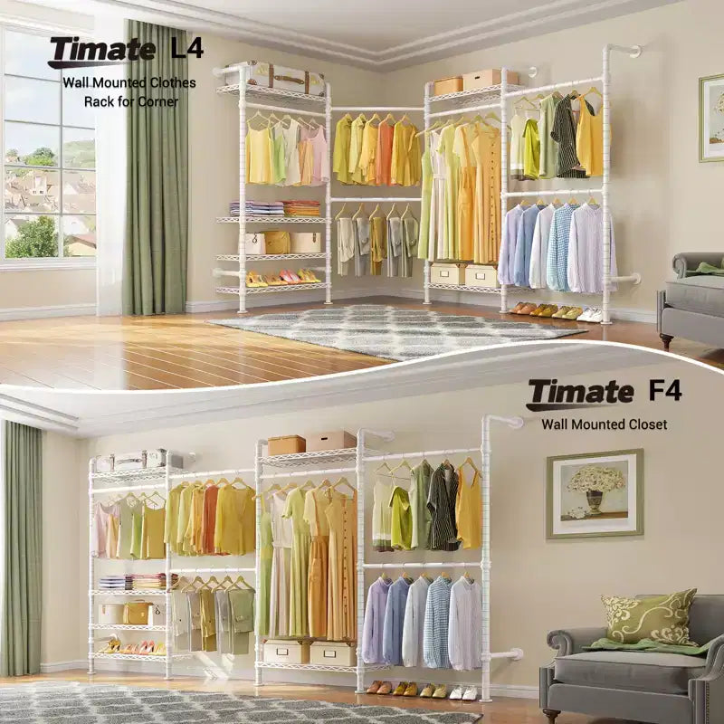 Timate L4 L Shape Garment Rack Clothes Rack , Expandable Industrial Pipe Clothing Rack, Wall Mounted Closet Organizer Large Wardrobe Closet