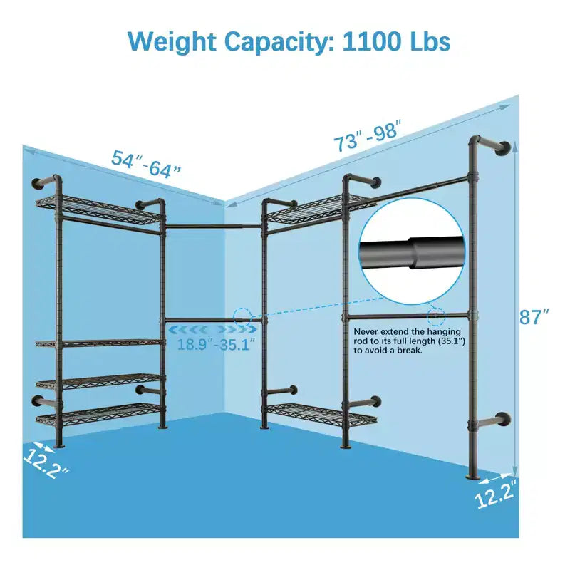 Timate L4 L Shape Garment Rack Clothes Rack , Expandable Industrial Pipe Clothing Rack, Wall Mounted Closet Organizer Large Wardrobe Closet