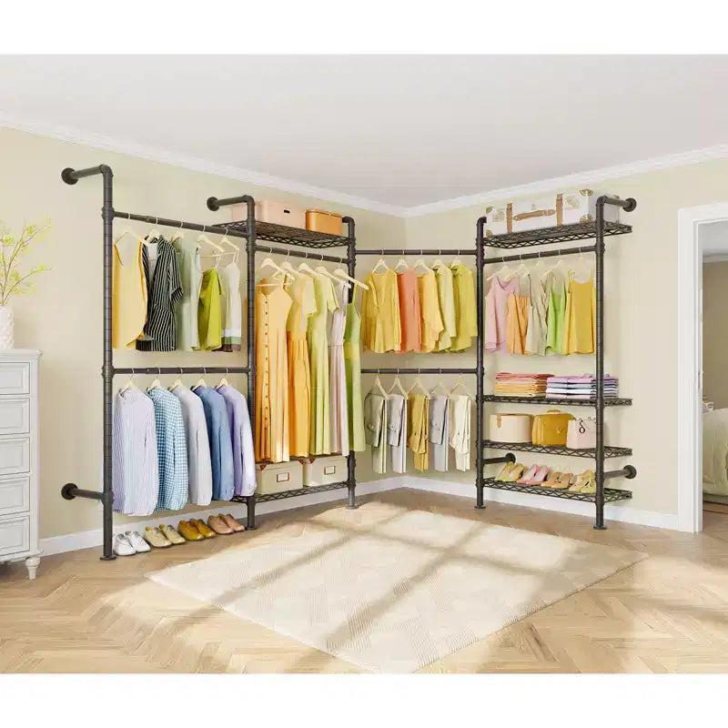 Timate L4 L Shape Garment Rack Clothes Rack , Expandable Industrial Pipe Clothing Rack, Wall Mounted Closet Organizer Large Wardrobe Closet