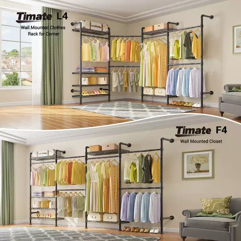 Timate L4 L Shape Garment Rack Clothes Rack , Expandable Industrial Pipe Clothing Rack, Wall Mounted Closet Organizer Large Wardrobe Closet