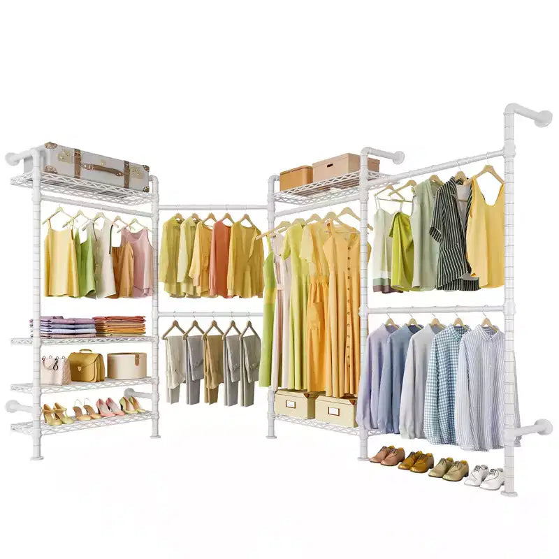 Timate L4 L Shape Garment Rack Clothes Rack , Expandable Industrial Pipe Clothing Rack, Wall Mounted Closet Organizer Large Wardrobe Closet